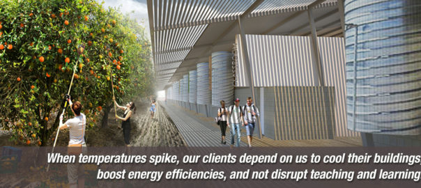 Campus cooling towers and orchard workers